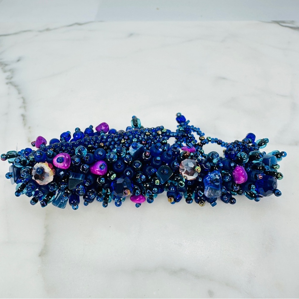 Purple and Blue Handmade Glass Bead Bracelet With Natural Stones Bead Stew 7” - Picture 2 of 9